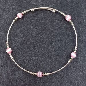 Women's Sterling Silver 925 Memory Wire Pink Simulated Cat's Eye Bracelet 7.5"
